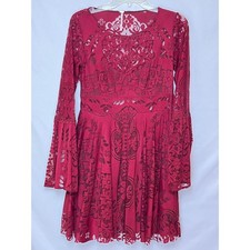 Free People Women's Size 2 Red Lace Long Sleeve Dress Boho Romantic Festival
