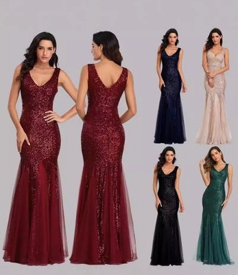 NEW Evening Formal Party Ball Gown Prom Bridesmaid Fishtail Sequins Dress