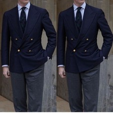 Men's Navy Blue Suit Double Breasted Business Peak Lapel Jacket Wedding Party