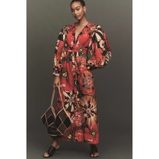 Farm Rio Flowershop Puff-Sleeve Maxi Dress V-Neck Button Front Red Size XS NEW