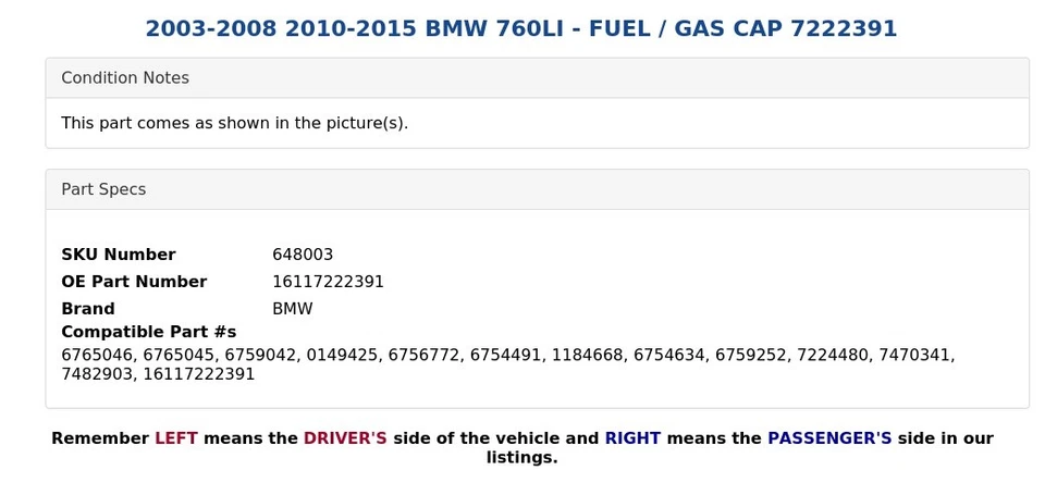 BMW 760LI 2003-2008 2010-2015 - TAPA COMBUSTIBLE/GAS 7222391 Foto 4 de 4