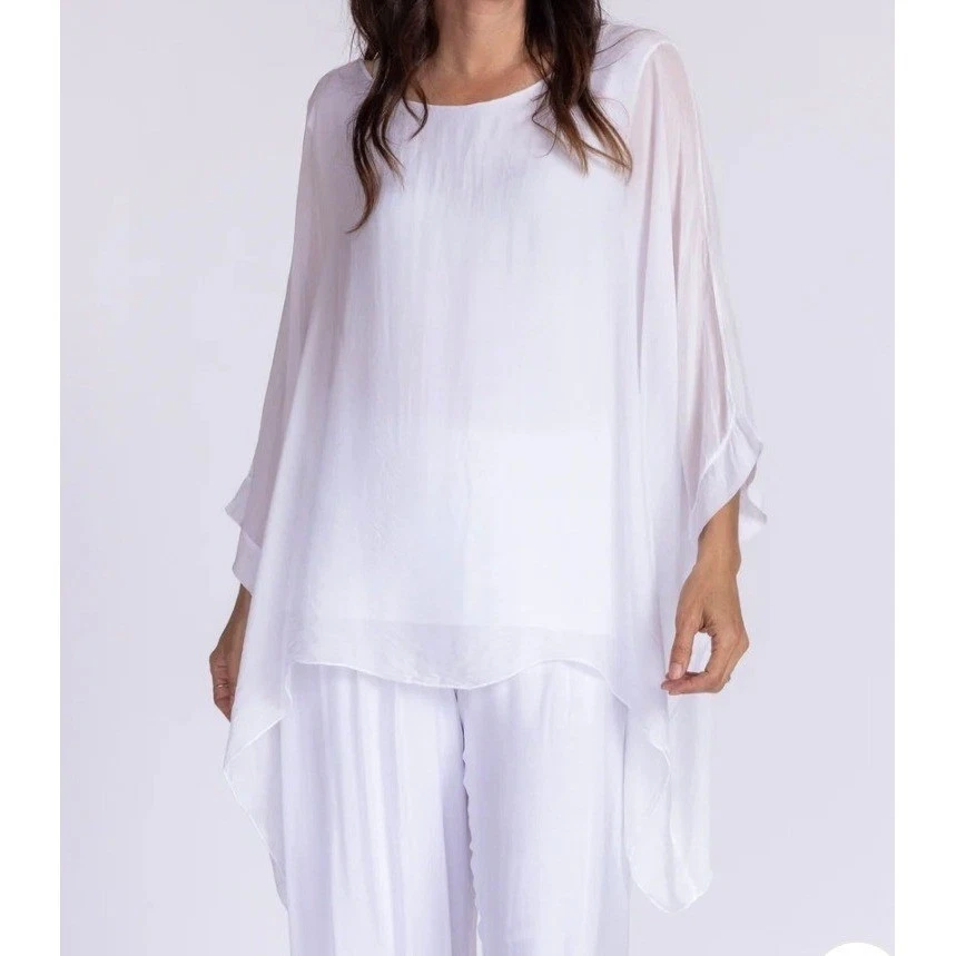 Meo Meli White Silk Blend Italia Poncho Top Made in Italy Layered Blouse OS