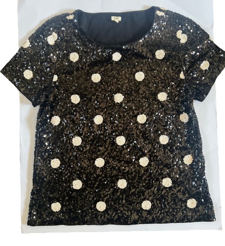 J CREW 28614 SS Sequin Embellished Top T-Shirt Polka Dot Tee Black L Party Holid - Picture 5 of 16