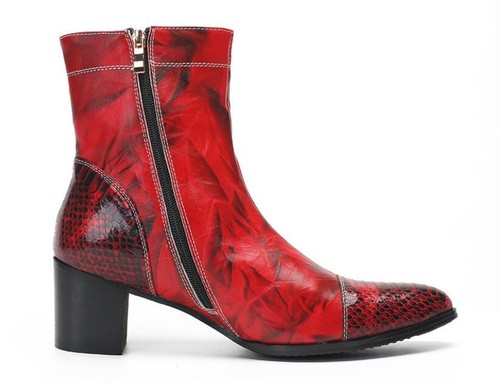 Herren Mode Retro Spitz zulaufend Bedruckt Stiefeletten Jugend Party Rot Leder Schuhe - Bild 3 von 8