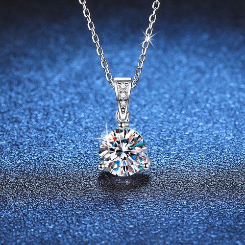 1-2CT Lab-Created Moissanite Pendant 3 Prong 925 Sterling Silver Women Necklace - Picture 3 of 9