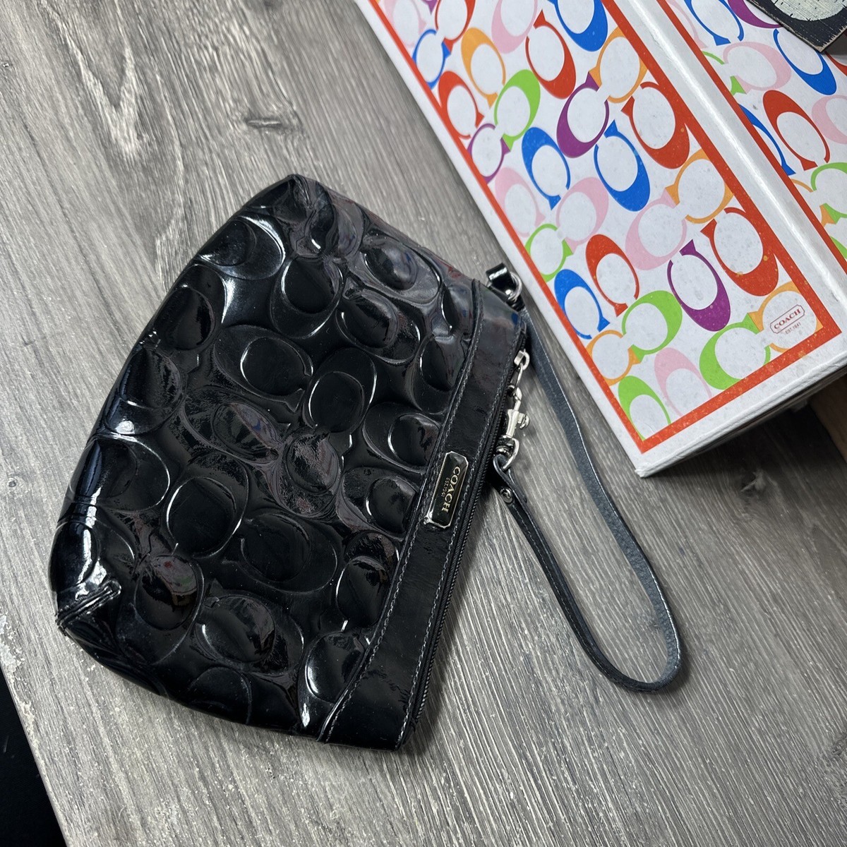COACH Black Shiny Patent Leather Logo C Embossed Zip Pouch