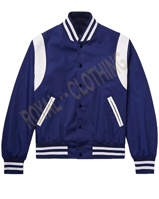New Varsity Bomber baseball Royal Blue & White Shoulder Strip All Satin Jacket 
