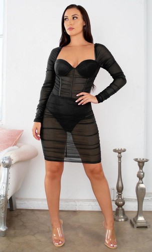 Black Sheer Mesh Ruched Long Sleeve Sweetheart Bustier Bodycon Mini Dress NWT - Picture 2 of 7