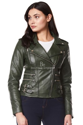 MYSTIQUE Damen Echt Leder Jacke dunkelgrün Biker Motorrad Style 7113