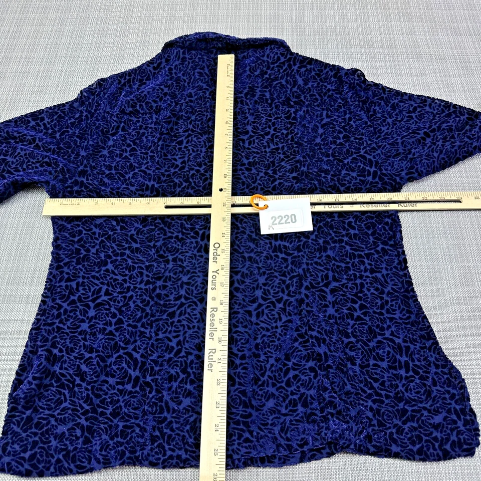 Merona Burnout Top Womens Large Blue Roses Mother of Pearl Buttons Sheer Silk - Image 4 of 4