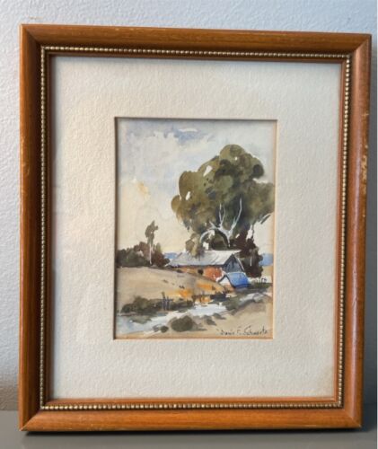 Davis F. Schwartz Original Watercolor, House by Creek, Framed, Small 5x3.5"