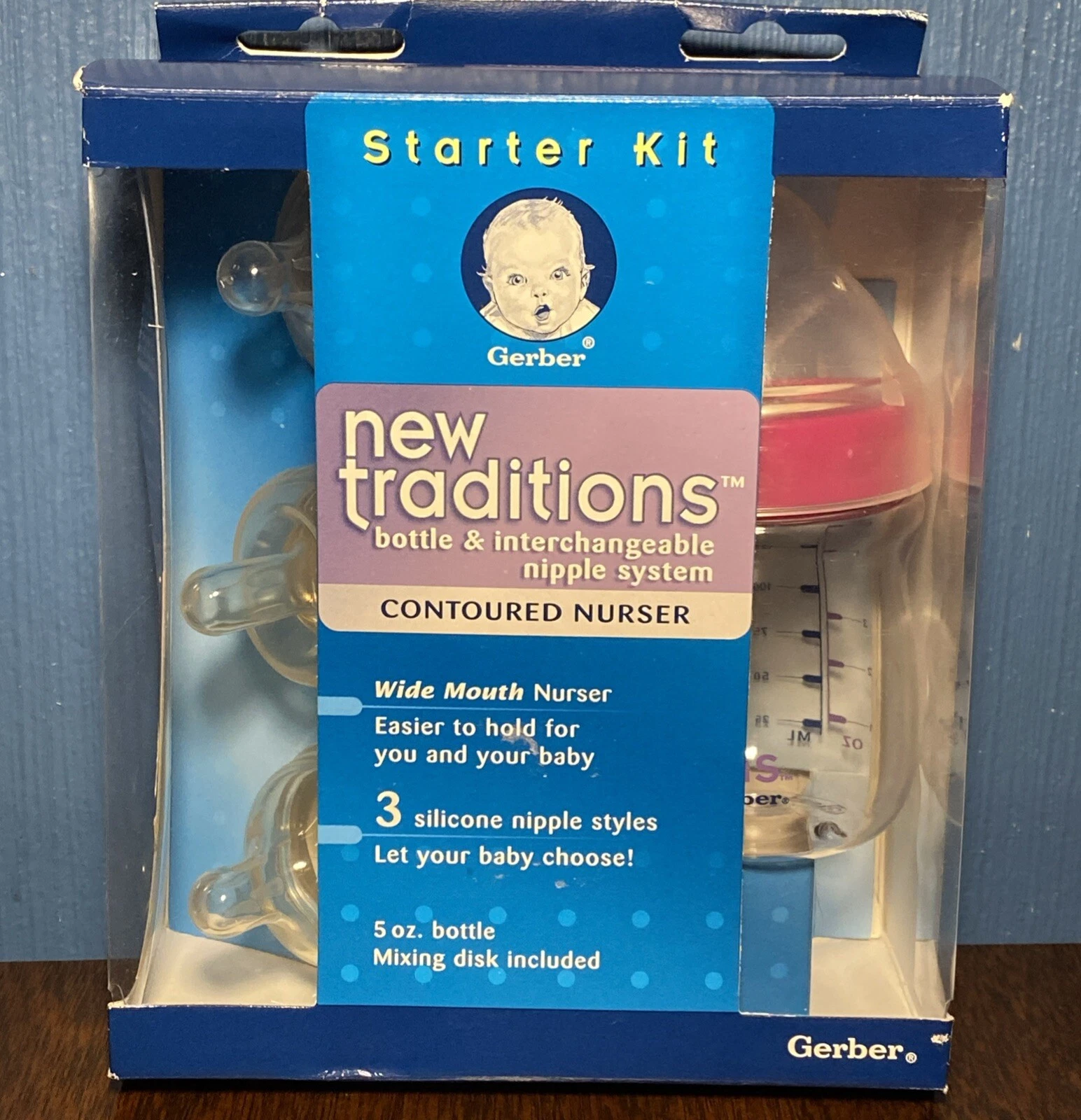 VINTAGE Gerber Contoured Nurser Baby Bottle STARTER KIT SET, 3 Silicone Nipples