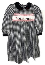 Vintage Girls Size 6 Holiday Smocked Black Checked Dress Scotty Dogs EUC