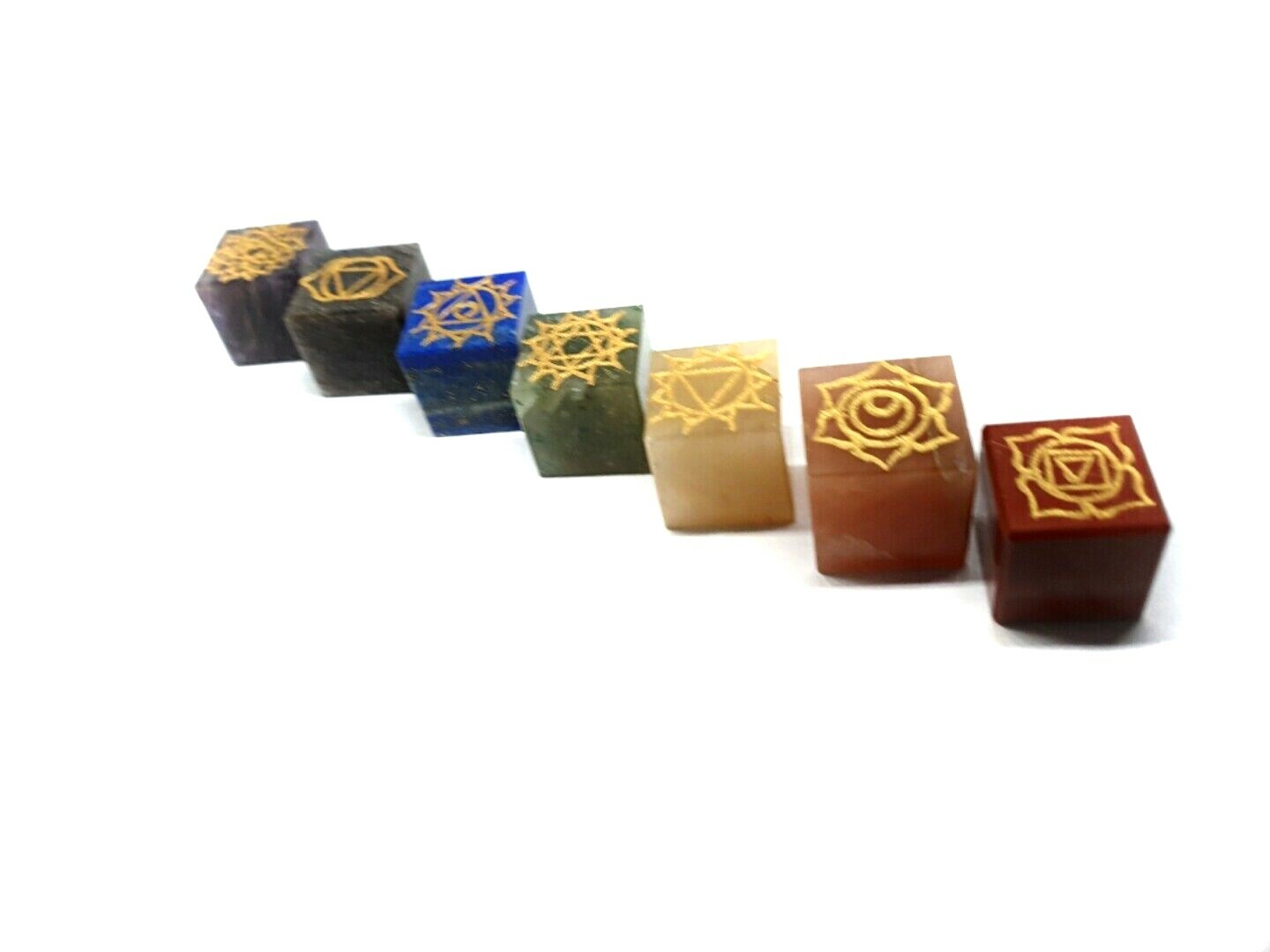 Seven Chakra Crystal Set Carved Cubed Square Geometric Gemstone & Pouch Set