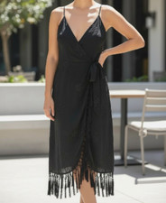 NWT Lulus Size S Black Tone-on-Tone Midi Wrap Party Dress w/Fringe T-strap Back