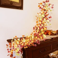 6FT Lighted Fall Eucalyptus Leaves Garland with Timer Battery Operated Fall V...