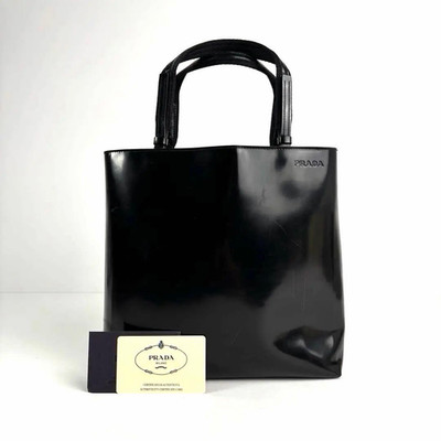 PRADA Archive Black Patent Leather Logo Engraved Tote Handbag Vintage Card Auth