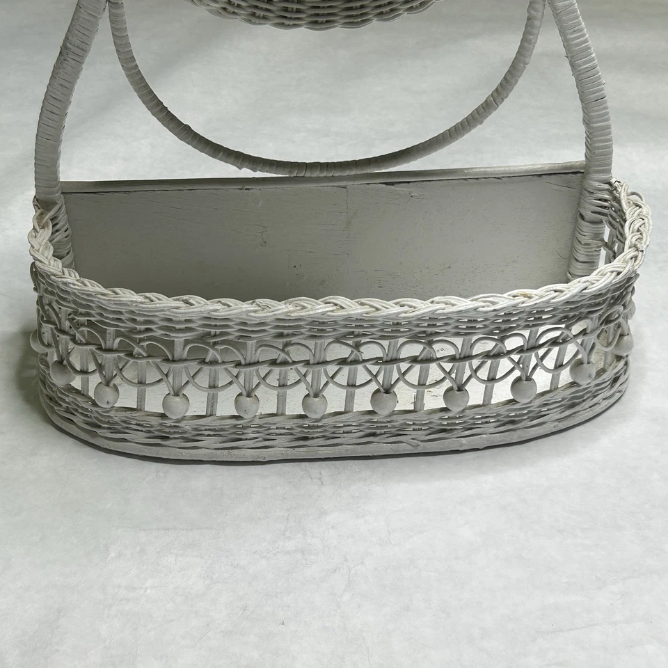 Vintage White Wicker Mirror Vanity Table Top Swivel w Basket Cottage Core - Image 3 of 4