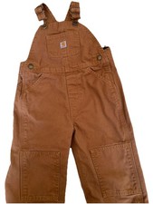 Carhartt 3T Overalls Brown Canvas Blue Plaid Lining Bib Double Knees Pockets EUC