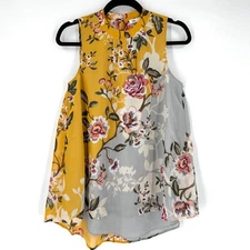 NWT DR2 Floral Blouse Top Mock Neck Sleeveless Tunic Women's XS Yellow Gray