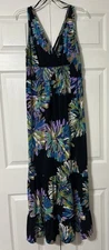AB Studio Women’s Sleeveless Maxi Dress Black Floral Stretch Knit Size L