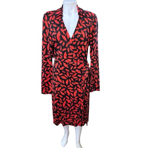 Diane von Furstenberg Jeanne Wrap Dress Lips Red Black Silk Size 14