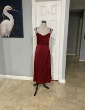 New Women Small Deep Red Satin Cowl-neck slip Midi Dress