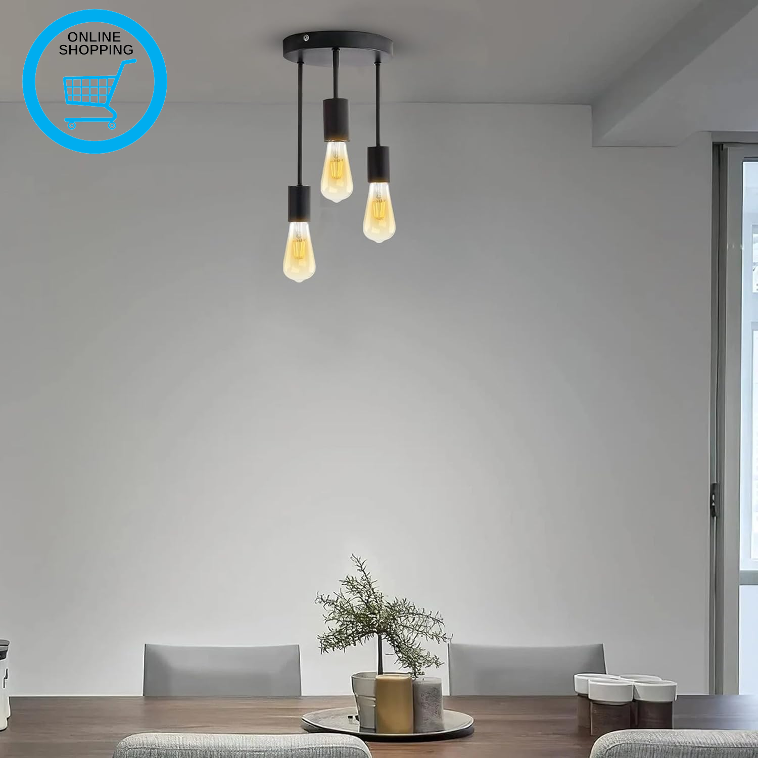 Industrial 3 Pendant Ceiling Light - Includes 3 LED Bulbs – Modern Black Hanging