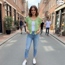 Vintage Floral Crochet Artisanal Knit Scalloped Open Front Vest Boho Summer