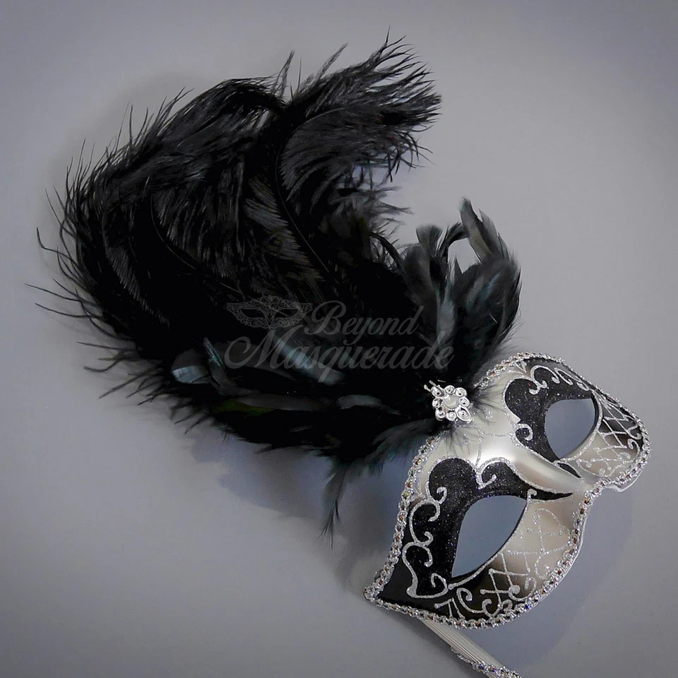 Handheld Stick Venetian Masquerade Mask for Women M6150 - Black/Silver - Image 3 of 4