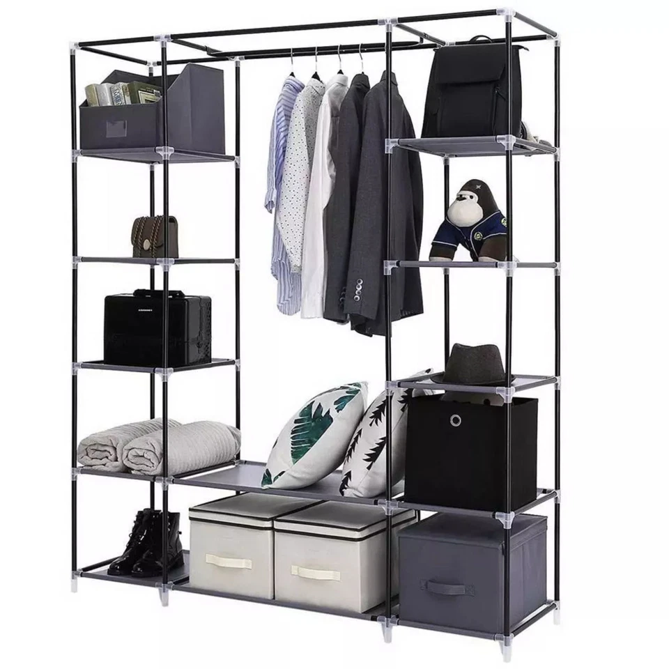 Portable Closet Wardrobe Clothes Rack Storage Organizer W/Shelves Fabric, Grey - Image 3 of 4