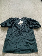 DR 2 Women Ruffle Short Sleeve Straps Henley Blouse Green Size S