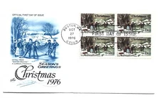 1702 Christmas 1976 Winter Pastime by N. Currier ArtCraft block of 4 FDC