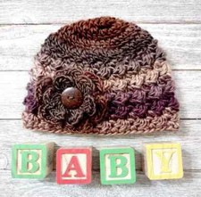 handmade crochet baby flower newborn hat girls 0/3 months wine brown puffs
