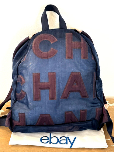 CHANEL Embossed Sheer Mesh Nylon COCO Logo Backpack Transparent Navy Pink *RARE*