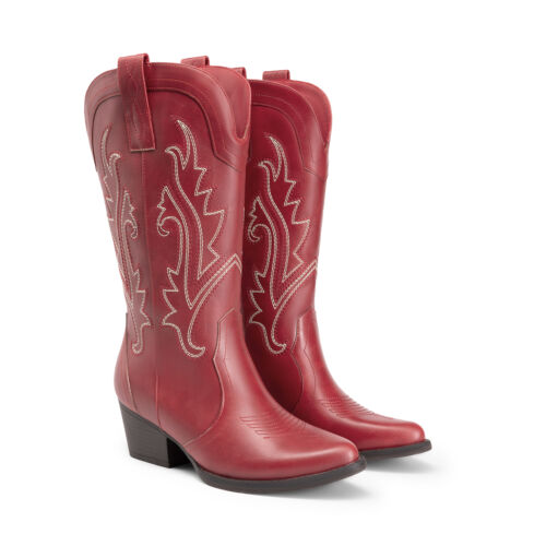 Women Western Mid Calf Boots Pointed Toe Low Heel Cowboy Cowgirls Boots - Picture 47 of 58
