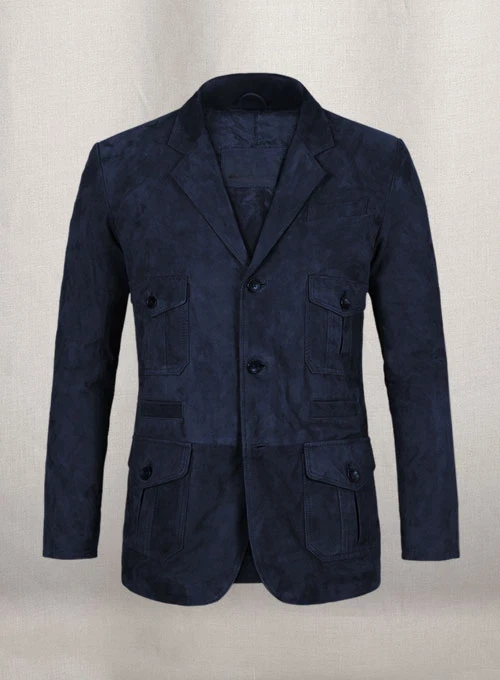 Men's Navy Blue Suede Leather Blazer Pure Soft Lambskin