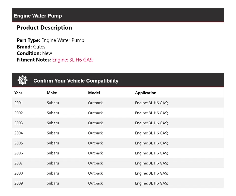 Para Subaru Outback 2001-2009 3L H6 Motor Gas Bomba Agua Puertas 2002 2003 2004 Foto 2 de 4