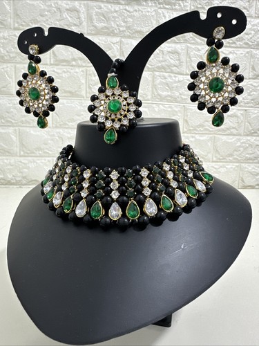 Collar nupcial paquistaní perlas verdes/doradas, diamantes americanos Tikka Bollywood - Imagen 4 de 18