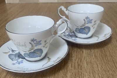 2 x Argyle Bone China Silberhochzeit Tassen & Untertassen Blatt & Blumenmuster