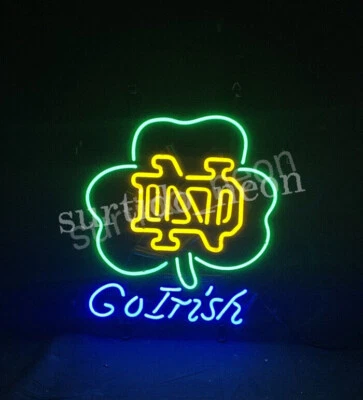 US STOCK Notre Dame Go Irish Clover Visual Neon Light Sign Glass Bar Sign 17"