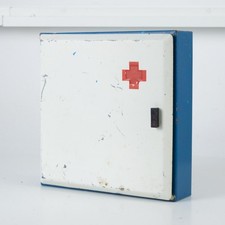 Vintage metal medicine cabinet. Bathroom blue wall cabinet. Steel wall cabinet