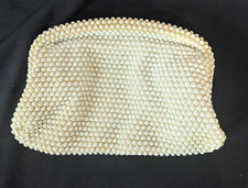 Vintage Ivory Beaded Hinged closure evening Clutch Bag Purse Corde-bead 1950-60s