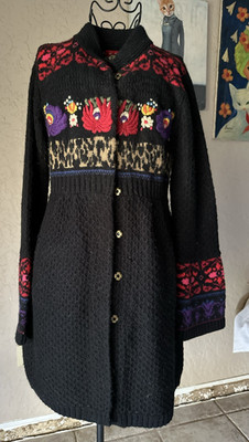 Womens RENE DERHY Boho Flare Sleeve Cardigan Sweater Embroidered Floral Size M