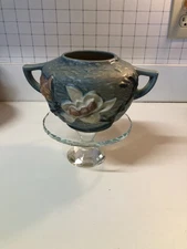 Vintage Roseville Pottery Magnolia Blue Small Jardiniere Double Handle 446-4 USA