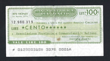 MINI CHECK CATHOLIC BANK OF VENETO 100 LIRE 16/3/1976 RARE