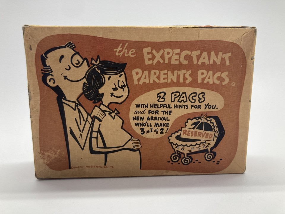 A genuine vintage 'Expectant Parent Pac' cigar box gag gift — the kind of kitschy, retro novelty that used to sit on drugstore counters and now makes a hilariously perfect baby shower conversation piece.