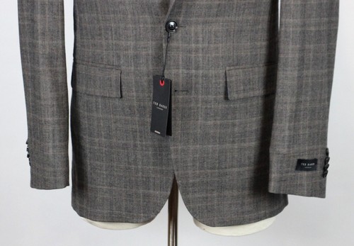 Ted Baker London Suit 40 L Mens Grey Tan Plaid Wool Trim Fit Jay 2 piece Italy - Picture 8 of 13