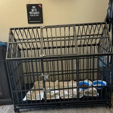 54'' Indestructible Heavy Duty Dog Crate Cage Kennel with 2 Bowls and 4 Wheels