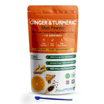 FOODPURA 135g CLEAN Ginger, Turmeric + Vit C Orange Cayenne & Zinc Shot Drink Powder